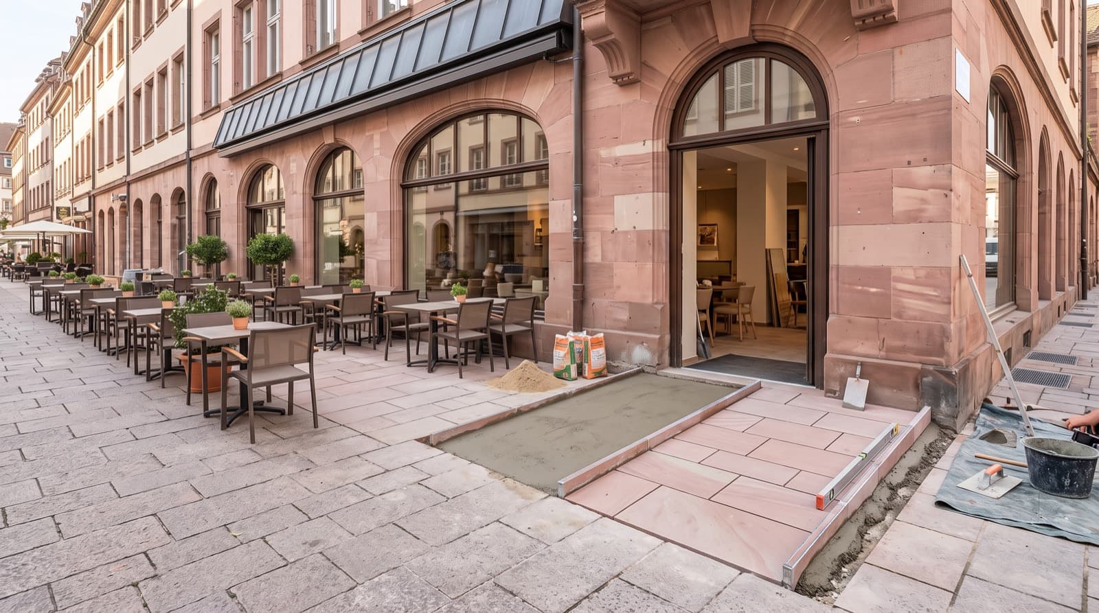 Restaurant : la terrasse, la salle et le passage entre les tables