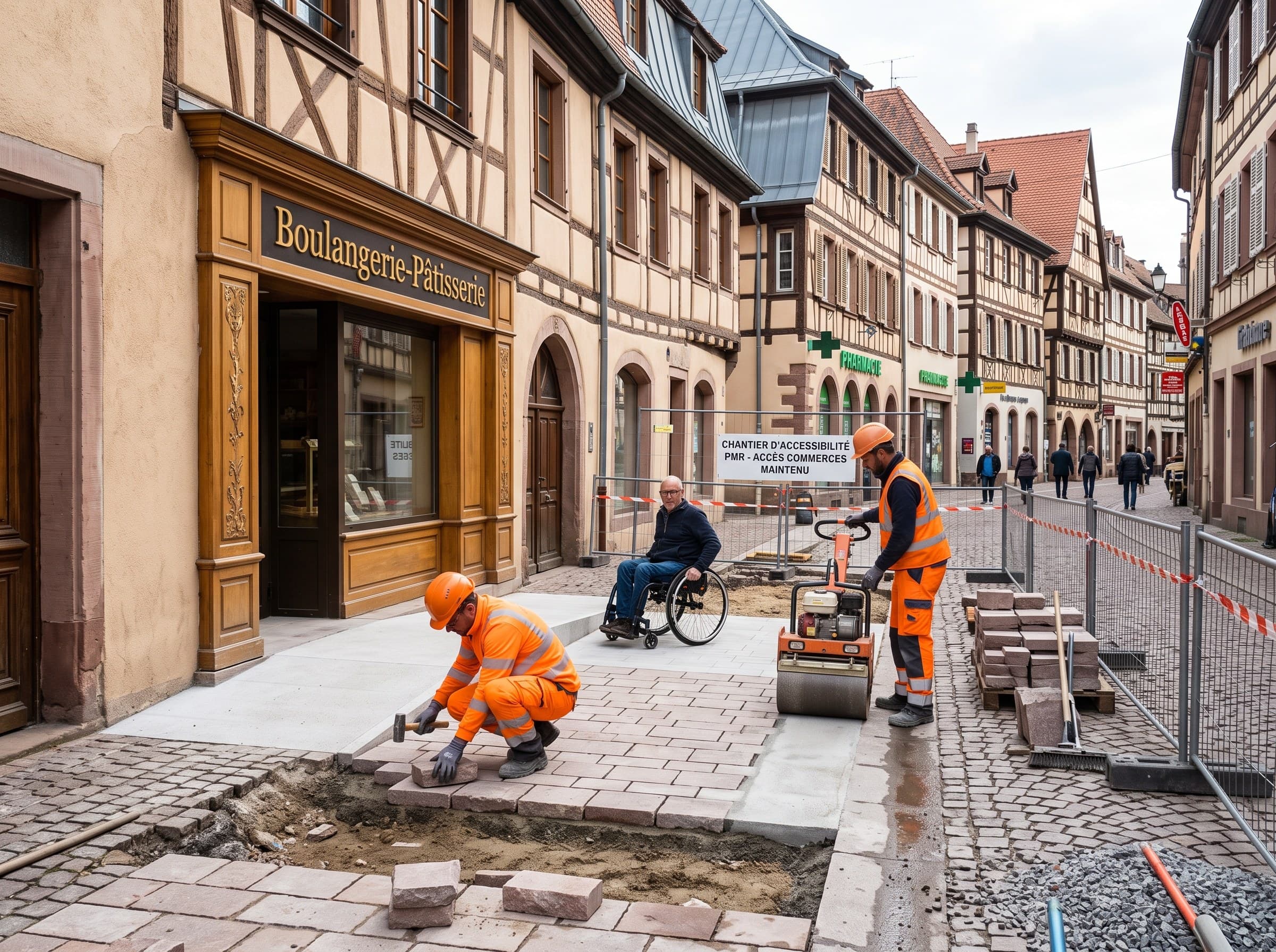 Rue commerçante de centre-bourg avec plusieurs devantures alsaciennes