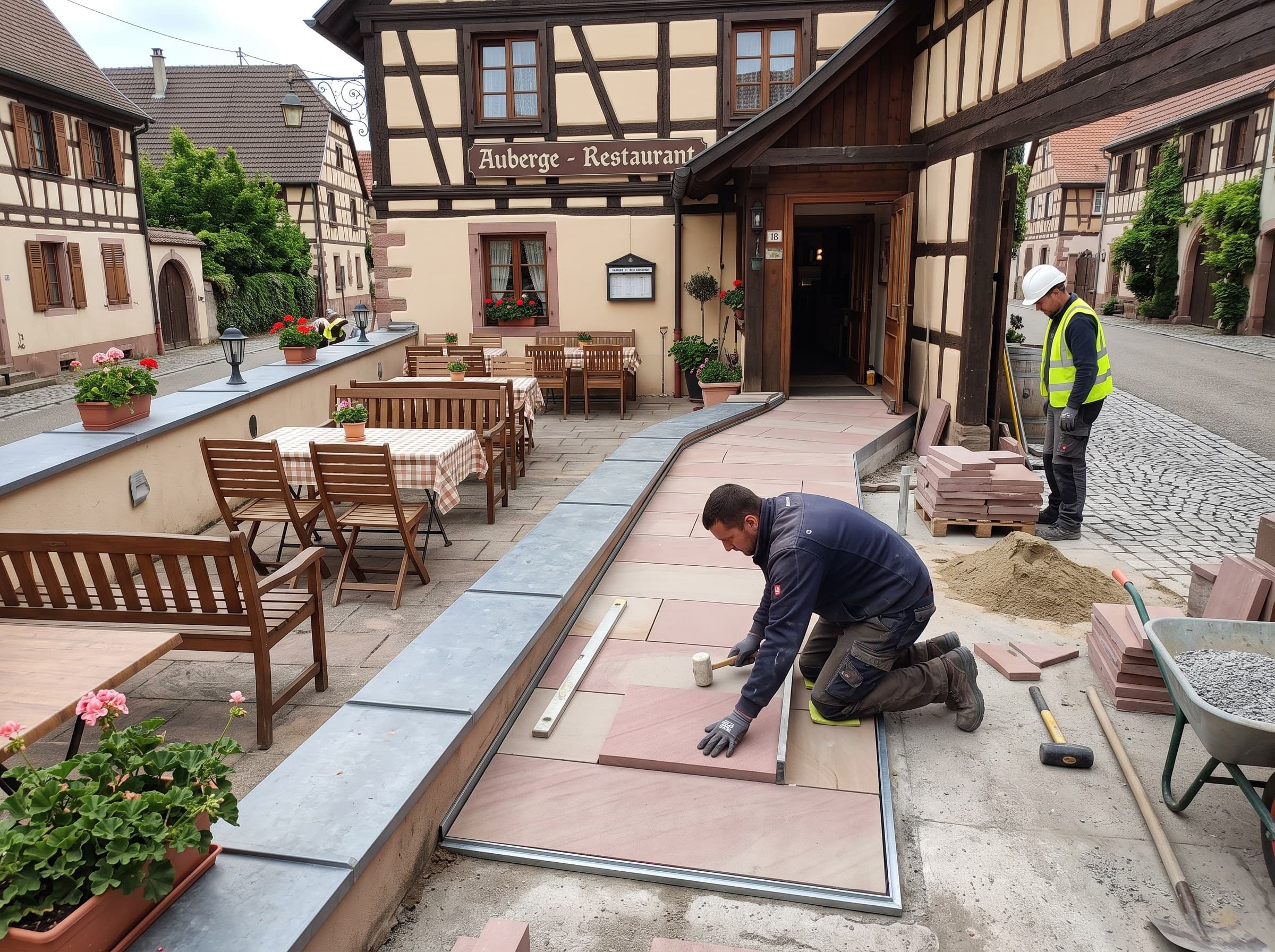 Terrasse de restaurant alsacien devant une maison à colombages