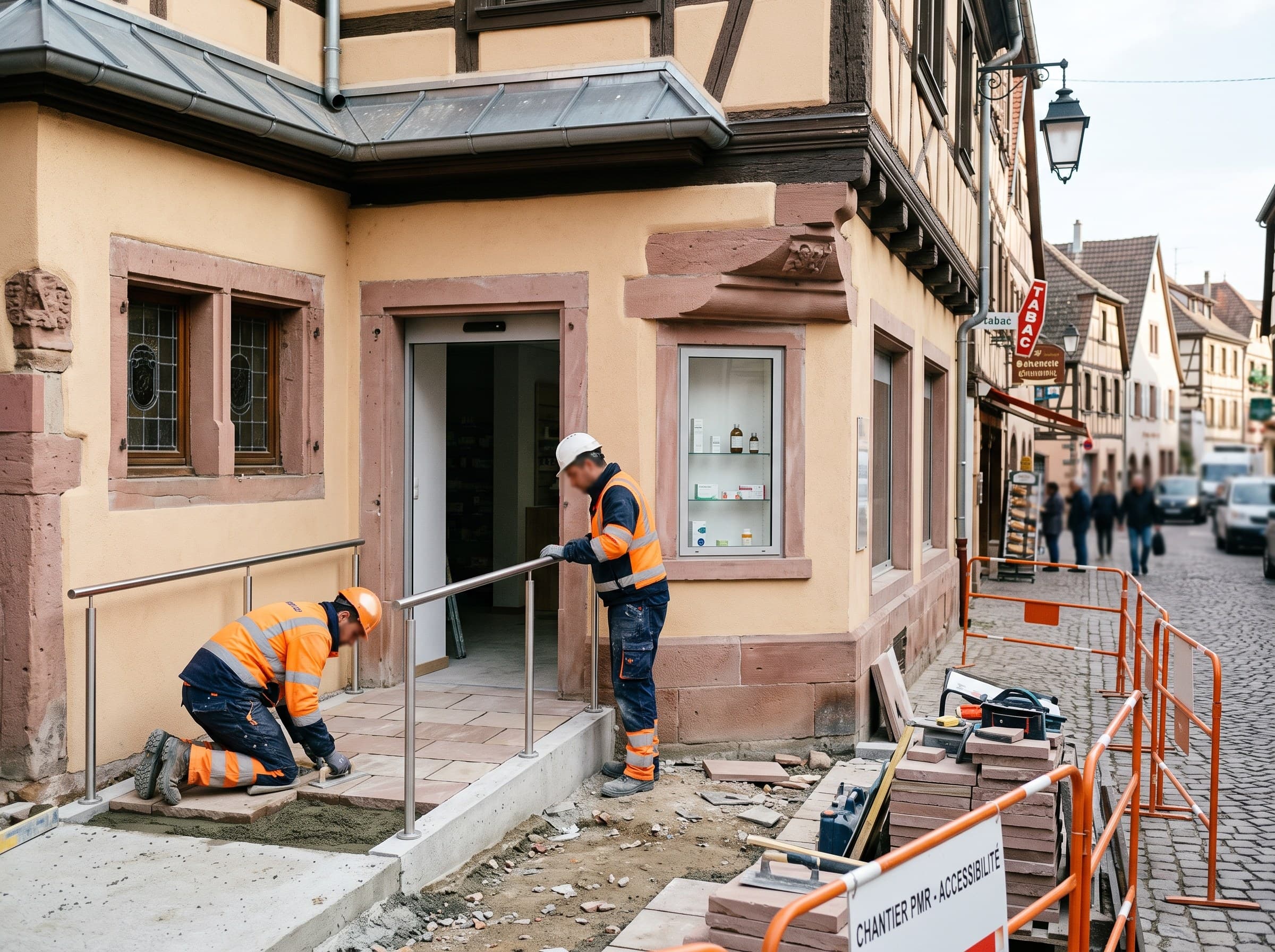 Devanture de pharmacie ou de laboratoire dans une commune alsacienne
