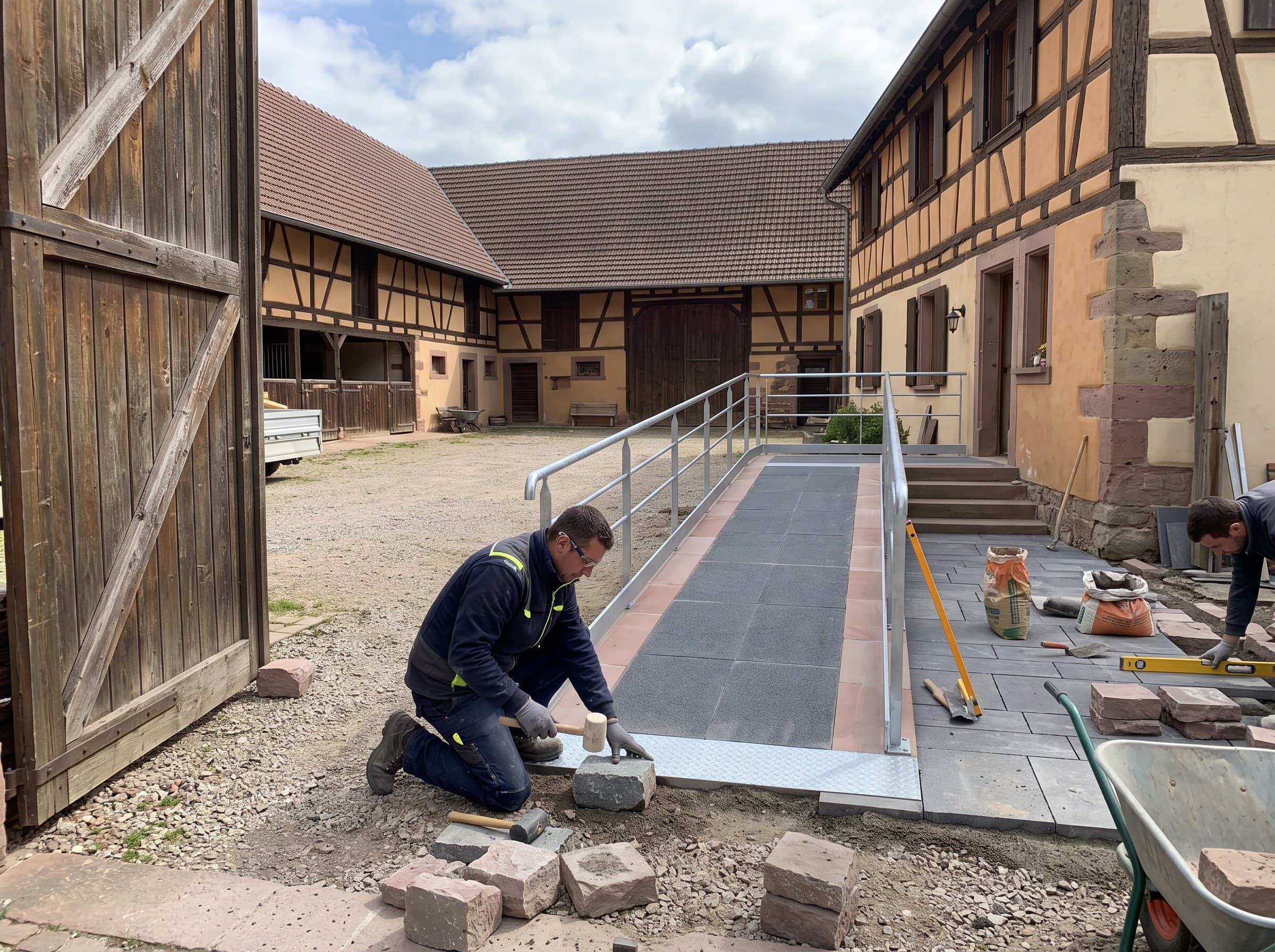 Cour de ferme alsacienne à colombages avec grand portail