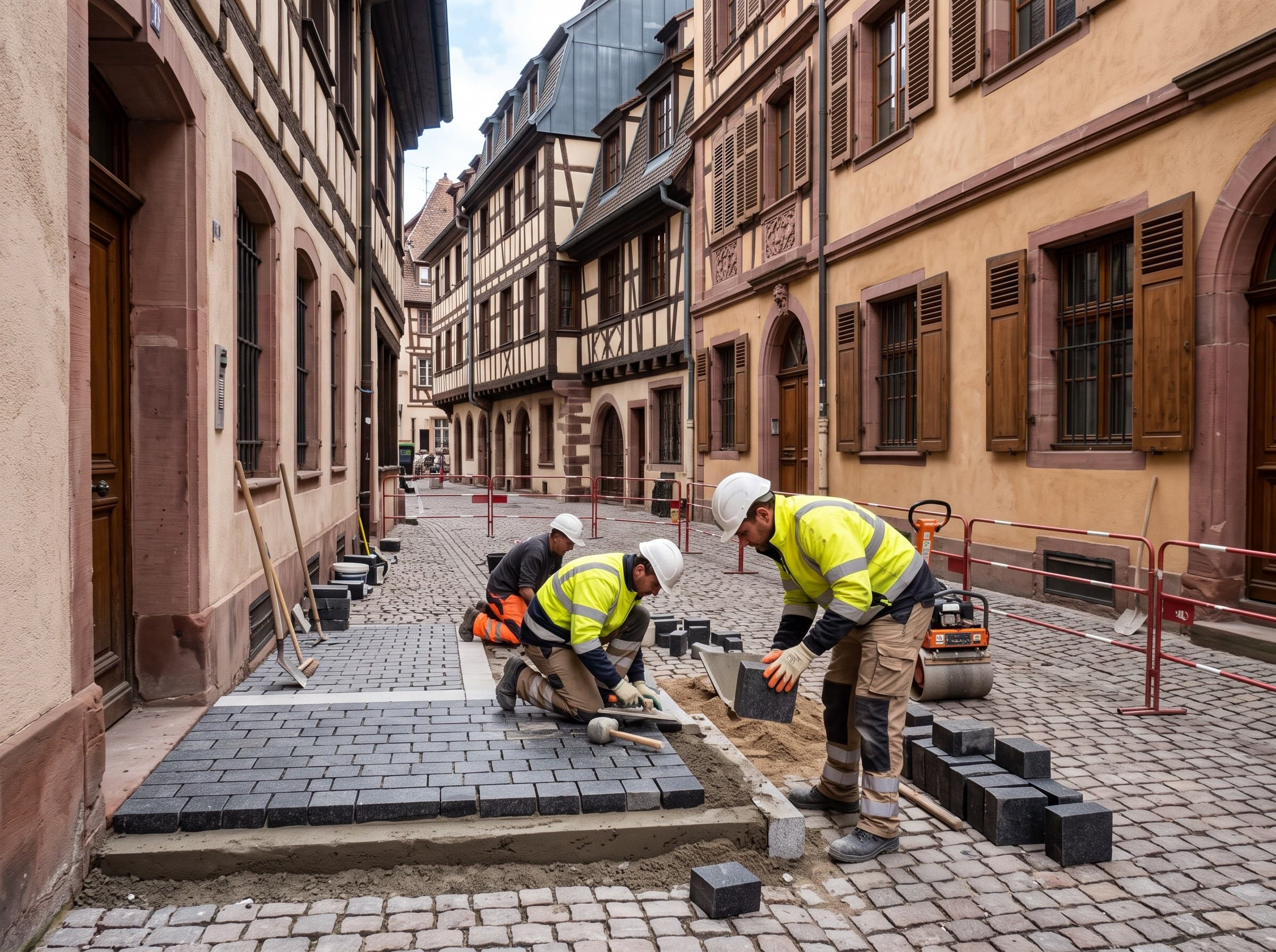 Rue commerçante ancienne du centre historique de Strasbourg, devantures à pans de bois
